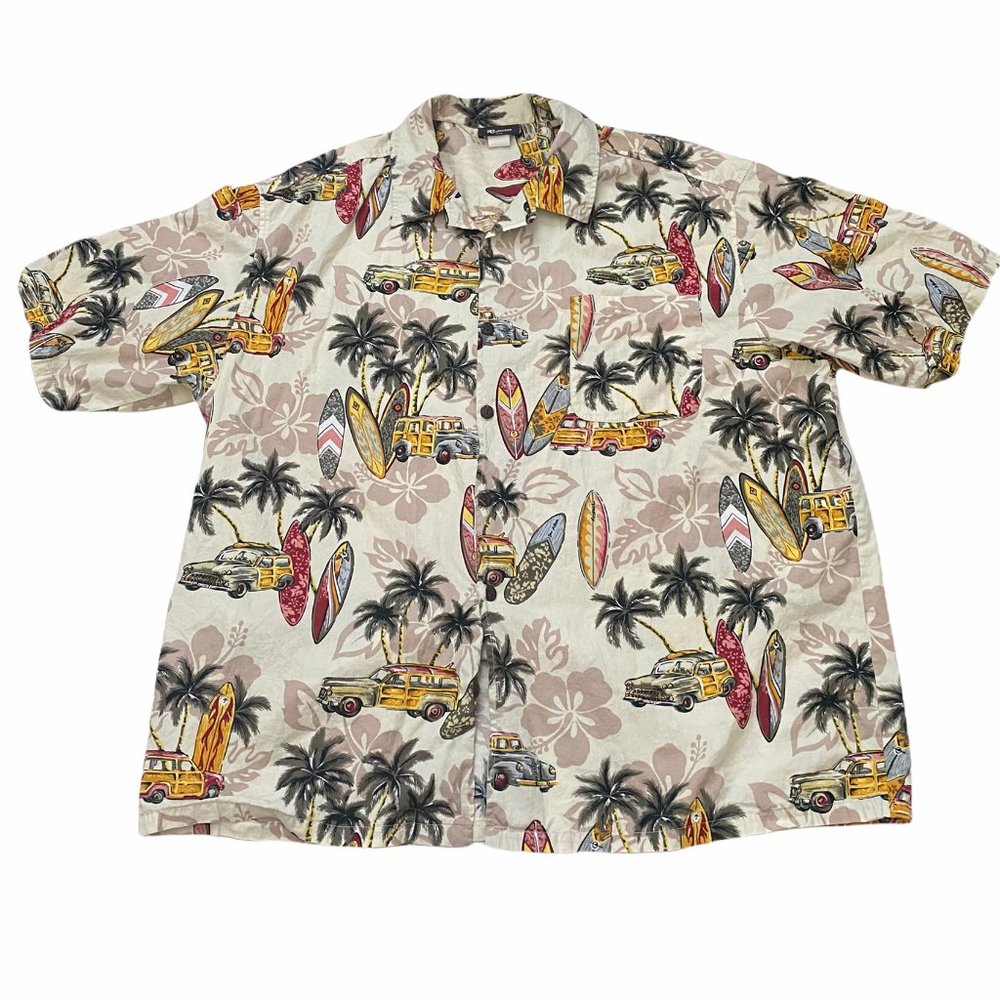 Reebesse Hawaiian Shirt Size 3XL Beige Woody Beach Surf Aloha Camp Rare Vintage